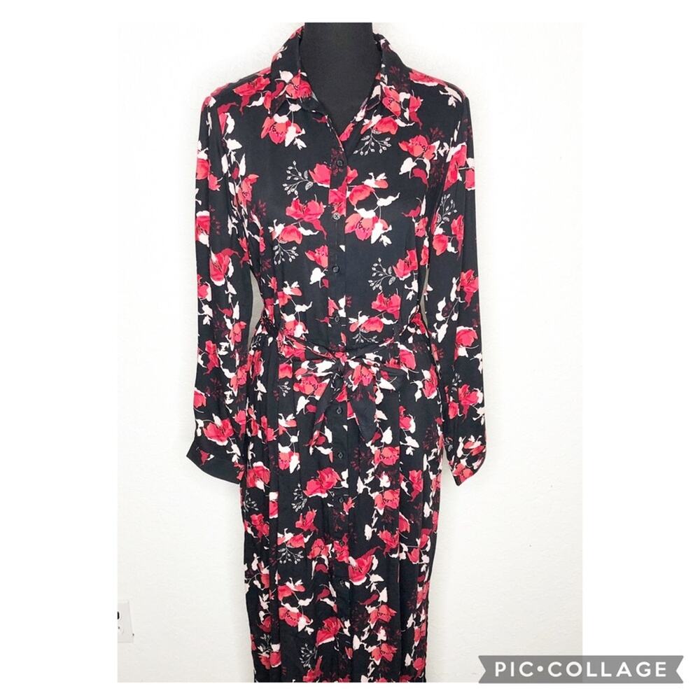 Reserved black red floral button front maxi shirt dress size EUR 40 or US 10